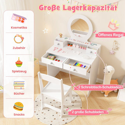 2 vienā bērnu tualetes galdiņa komplekts, bērnu tualetes galdiņš ar spoguli, kosmētikas galdiņš meitenēm, balts