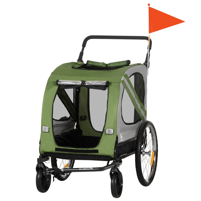 2-vienā suņu piekabe un suņu ratiņi, suņu velosipēda piekabe, suņu ratiņi ar atstarotājiem vidēja lieluma suņiem līdz 20 kg, Oksfordas audums, zaļš