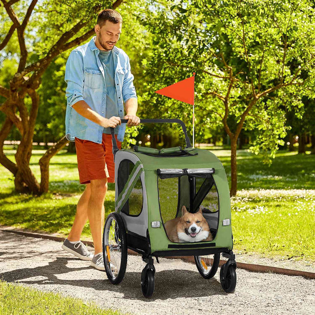 2-vienā suņu piekabe un suņu ratiņi, suņu velosipēda piekabe, suņu ratiņi ar atstarotājiem vidēja lieluma suņiem līdz 20 kg, Oksfordas audums, zaļš