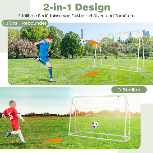 2 vienā futbola vārti un atlēkušās bumbas futbola vārti 187 x 60 x 102-122,5 cm, bērnu futbola vārtu komplekts, regulējams augstums, balts