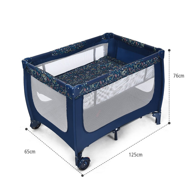 2 vienā ceļojumu gultiņa un rotaļu laukums, saliekama bērnu gulta 125 x 65 x 76 cm, zila