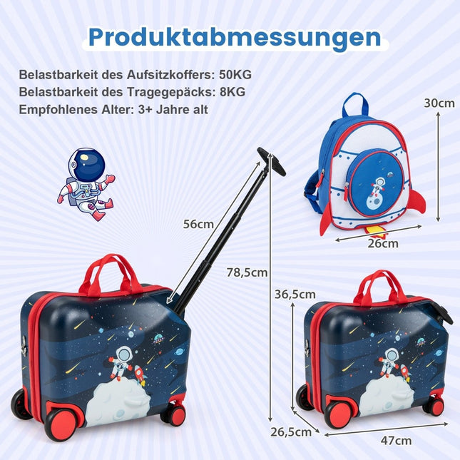 Divdaļīgs bērnu čemodāns + mugursoma. 47 cm garš braucamais čemodāns un 30 cm plata mugursoma 12"+18" astronautiem.