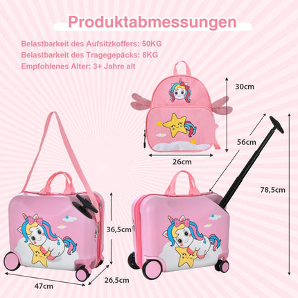 Divdaļīgs bērnu čemodāns + mugursoma 47 cm garš braucamais čemodāns un 30 cm plata mugursoma rozā vienradža rakstā