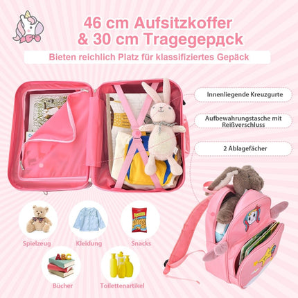 Divdaļīgs bērnu čemodāns + mugursoma 47 cm garš braucamais čemodāns un 30 cm plata mugursoma rozā vienradža rakstā