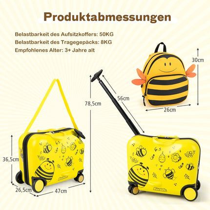 Divdaļīgs bērnu čemodāns + mugursoma 47 cm garš braucamais čemodāns un 30 cm plata mugursoma dzeltenā krāsā