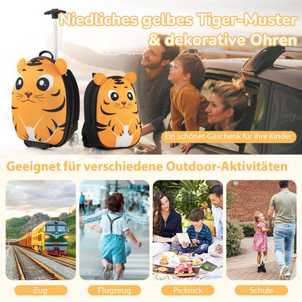 Divdaļīgs bērnu čemodāns un mugursoma ar riteņiem un trīspakāpju teleskopisku rokturi, 12"+16" bērnu ratiņi Tiger