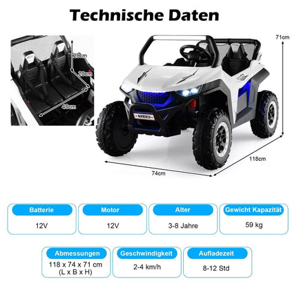 Divvietīga 12 V bērnu automašīna ar mūziku un priekšējiem lukturiem 118 x 74 x 71 cm - balta
