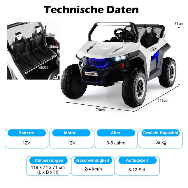 Divvietīga 12 V bērnu automašīna ar mūziku un priekšējiem lukturiem 118 x 74 x 71 cm - balta