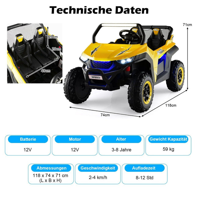 Divvietīga 12 V bērnu automašīna ar mūziku un priekšējiem lukturiem 118 x 74 x 71 cm - dzeltena