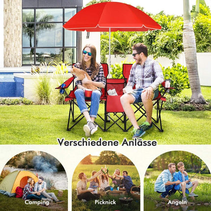 Divvietīgs kempinga krēsls ar saulessargu, saliekams makšķerēšanas krēsls ar pārnēsāšanas somu, sarkans