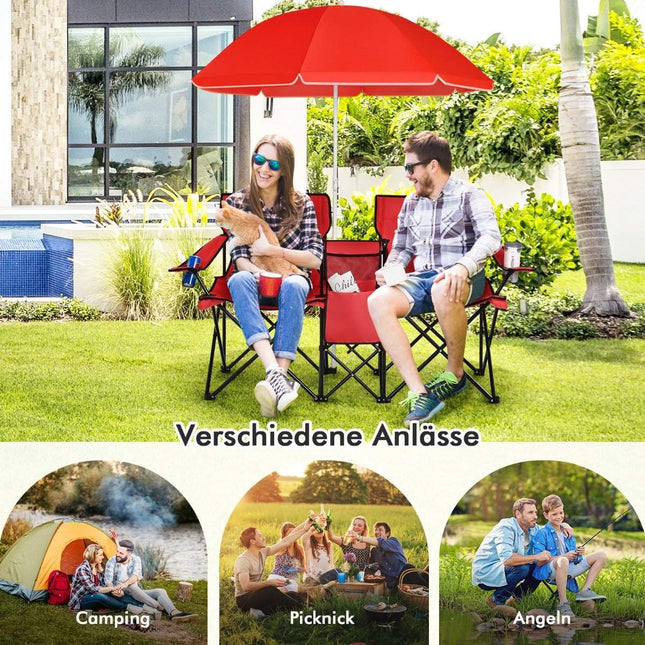 Divvietīgs kempinga krēsls ar saulessargu, saliekams makšķerēšanas krēsls ar pārnēsāšanas somu, sarkans