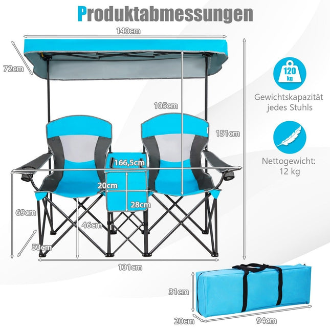 Divvietīgs kempinga krēsls ar saules aizsardzību, mini galds, saliekams makšķerēšanas krēsls ar pārnēsāšanas somu, 166 x 71 x 151 cm, zils