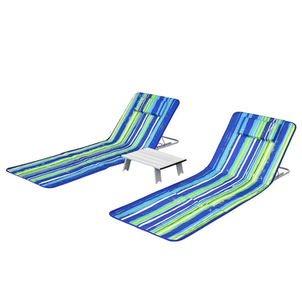 2 x pludmales paklājiņi ar sānu galdiņu, regulējami atpūtas krēslu komplekts, 151 x 55,5 x 27-47, zili + zaļi