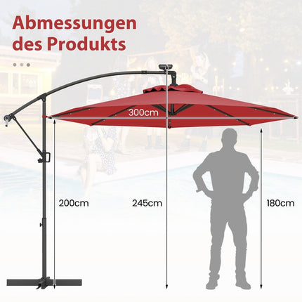 300 cm terases saulessargs ar saules enerģijas LED gaismām un kloķi