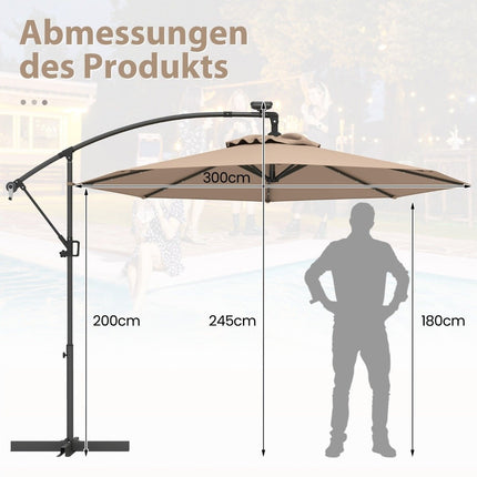 300 cm terases saulessargs ar saules enerģijas LED gaismām un kloķi