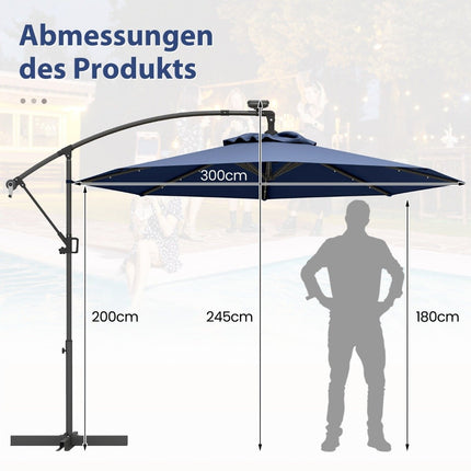 300 cm saules enerģijas LED terases saulessargs ar kloķi, tumši zils