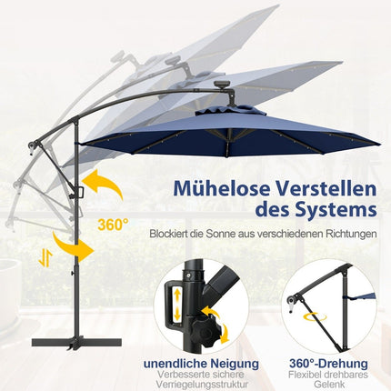 300 cm saules enerģijas LED terases saulessargs ar kloķi, tumši zils