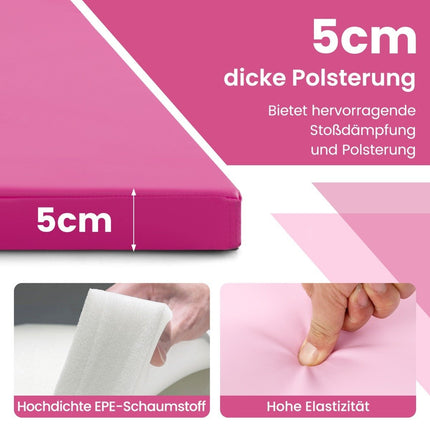 300 x 117 x 5 cm mīksts grīdas paklājiņš no mākslīgās ādas ar kāpšanas stiprinājumu un pārnēsāšanas rokturiem, rozā krāsā
