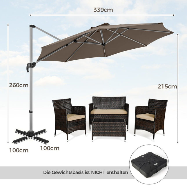 Ø 330 cm saulessargs ar kloķi, UPF 50+ un 360° rotējošu konsoles saulessargu, dārza lietussargs, brūns