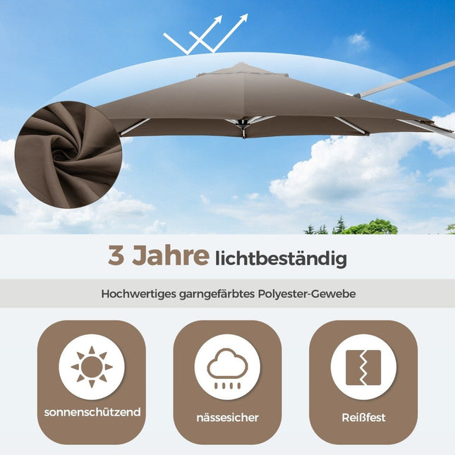 Ø 330 cm saulessargs ar kloķi, UPF 50+ un 360° rotējošu konsoles saulessargu, dārza lietussargs, brūns