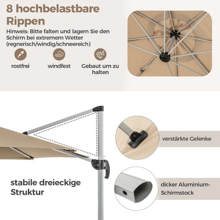Ø 330 cm saulessargs ar kloķi, UPF 50+ un 360° rotējošu konsoles formas saulessargu, dārza saulessargs bēšā krāsā