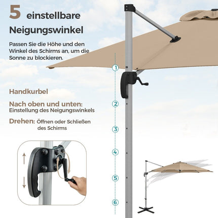 Ø 330 cm saulessargs ar kloķi, UPF 50+ un 360° rotējošu konsoles formas saulessargu, dārza saulessargs bēšā krāsā
