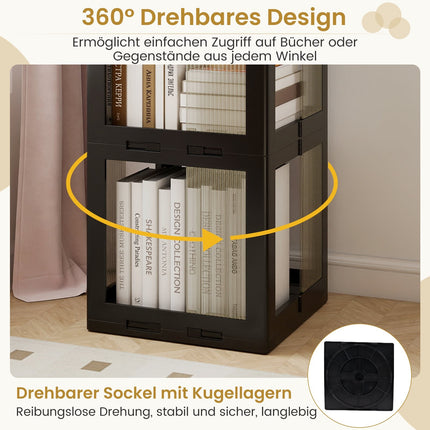 360 grādu rotējošs grāmatu plaukts, salokāms, caurspīdīgs, melns