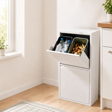 3-Compartment Waste Bin 40 l with Tipping Function, White, Wall-Mountable