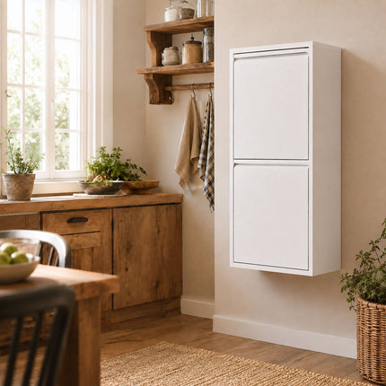 3-Compartment Waste Bin 40 l with Tipping Function, White, Wall-Mountable