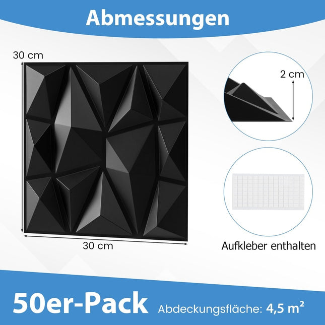 3D sienas paneļi, melna romba raksts, 100 gab. iepakojumā, 9 m² pārklājums