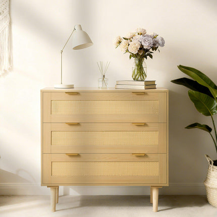 3-Drawer Rattan Dresser, Metal Handles, Wood Legs