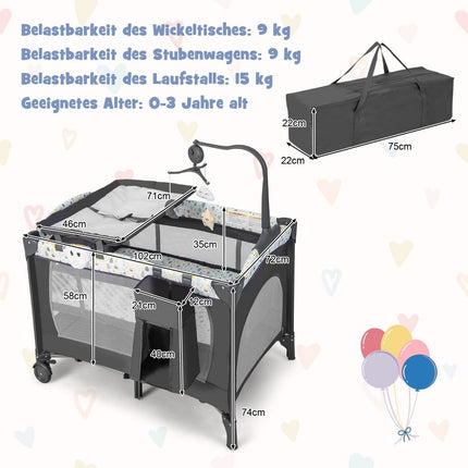 3 IN 1 sānu gulta saliekamā ceļojumu gulta ar matraci, piekarināma rotaļlieta bēšā krāsā