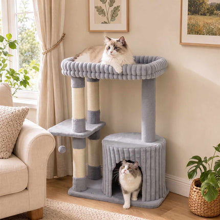 3-Level Cat Tree 93 cm with Sisal Posts and Washable Top Bed, Cave, Grey