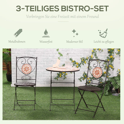 3 gab. bistro komplekts, dārza mēbeļu komplekts, balkona mēbeļu komplekts ar 1 kafijas galdiņu, 2 saliekamiem krēsliem, sēdvietu grupu ar mozaīkas rakstu, metāls, kafijas krāsā
