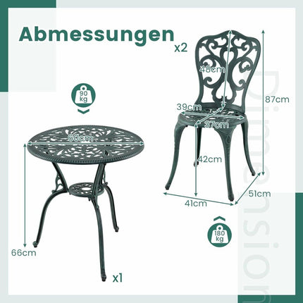 Trīsdaļīgs lietā alumīnija terases mēbeļu komplekts ar bistro galdu un krēsliem