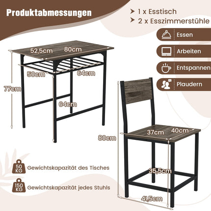 Trīsdaļīgs ēdamistabas komplekts, koka galds un 2 krēsli, pelēks