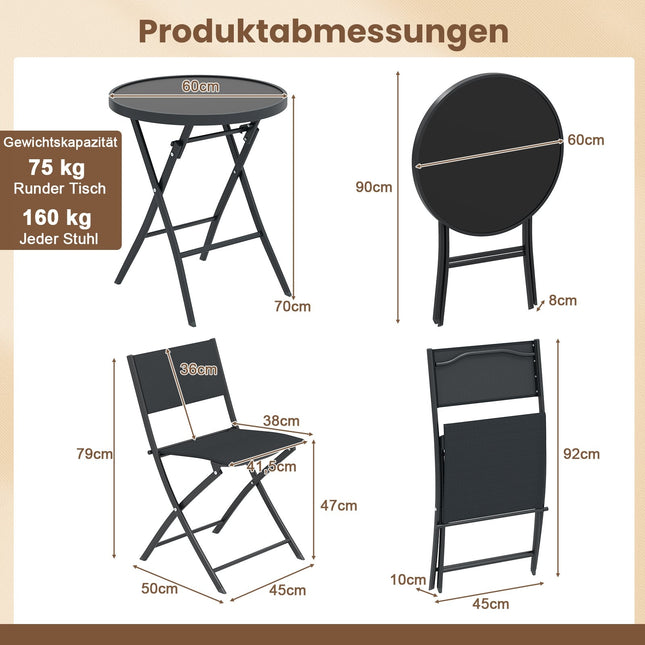 Trīsdaļīgs saliekams bistro mēbeļu komplekts ar stikla galdu - melns