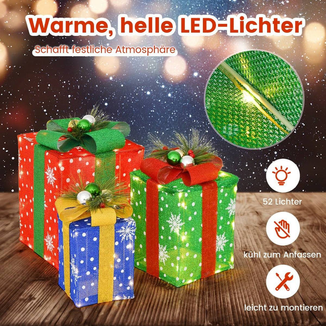 3 daļu LED Ziemassvētku dāvanu kastes ar 52 silti baltām gaismām