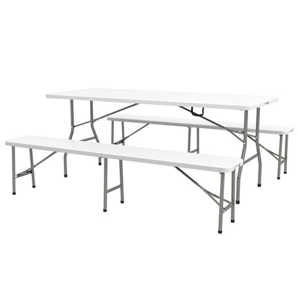 3 daļu telts komplekts ar alus galdu, 2 alus soliem, 6 personām, HDPE, balts