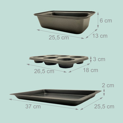 3 daļu nepiedegošu cepšanas trauku komplekts - mafiniem, klaipam, cepšanas formām