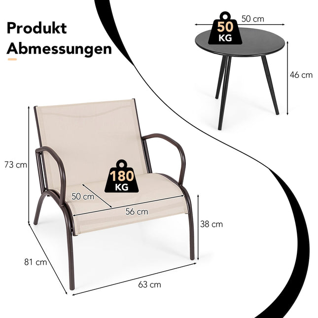 Trīsdaļīgs terases mēbeļu komplekts ar 2 krēsliem un galdu, ergonomiskiem sēdekļiem