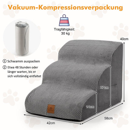 3 pakāpienu putuplasta suņu kāpnes, neslīdošas, izturība līdz 30 kg, pelēkas