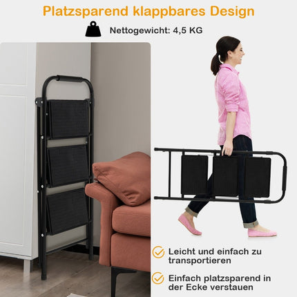 3 pakāpienu saliekamās kāpnes, neslīdošas, metāla, melnas