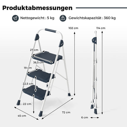 3 pakāpienu saliekamās kāpnes ar margām, celtspēja 360 kg