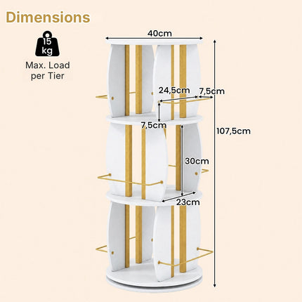 3-Tier 360° Spinning Bookshelf Tower with Display Stands, White & Golden