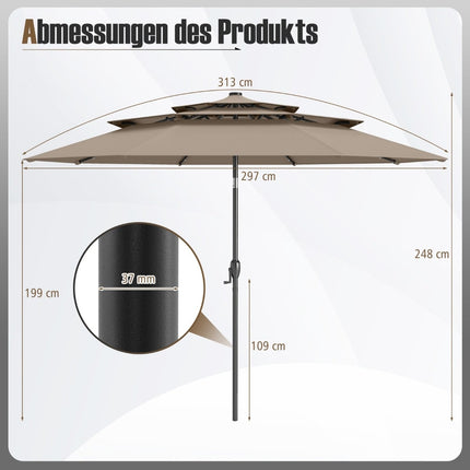 3 līmeņu terases saulessargs, saules enerģijas LED, kloķa pagrieziens, brūns