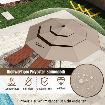 3 līmeņu terases saulessargs, saules enerģijas LED, kloķa pagrieziens, brūns