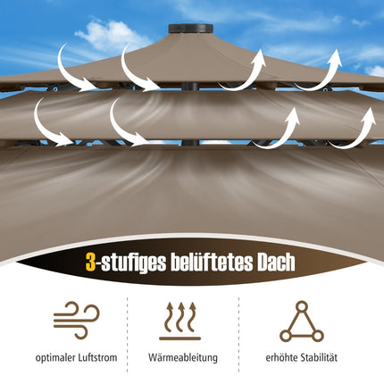 3 līmeņu terases saulessargs, saules enerģijas LED, kloķa pagrieziens, brūns