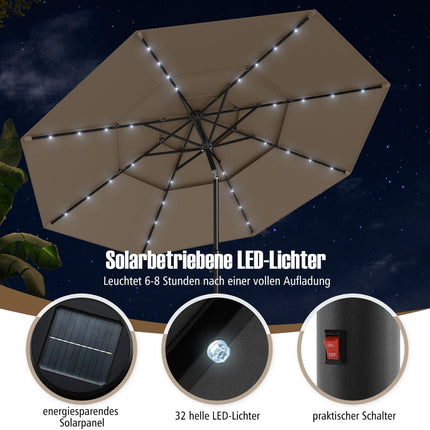 3 līmeņu terases saulessargs, saules enerģijas LED, kloķa pagrieziens, brūns