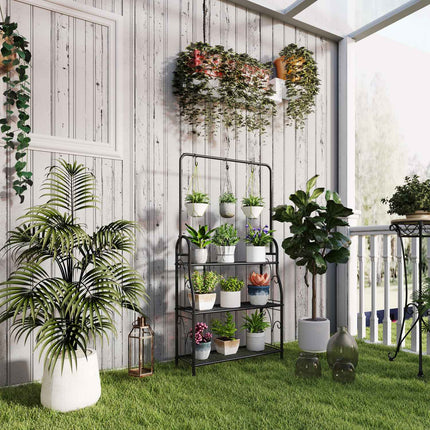 3-tier plant stand in black metal with hanging hooks, 137 cm high